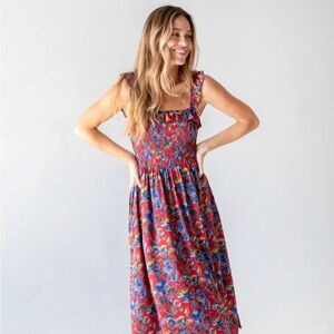 Natural Life Megan Floral Smocked Midi Dress - Red and Blue